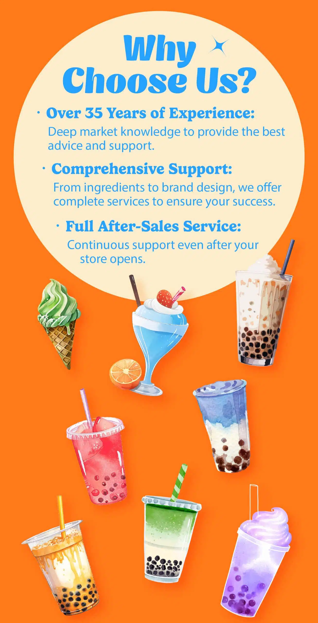 Why Choose Us? Over 35 Years of Experience: Deep market knowledge to provide the best advice and support. Comprehensive Support: From ingredients to brand design, we offer complete services to ensure your success. Full After-Sales Service: Continuous support even after your store opens.