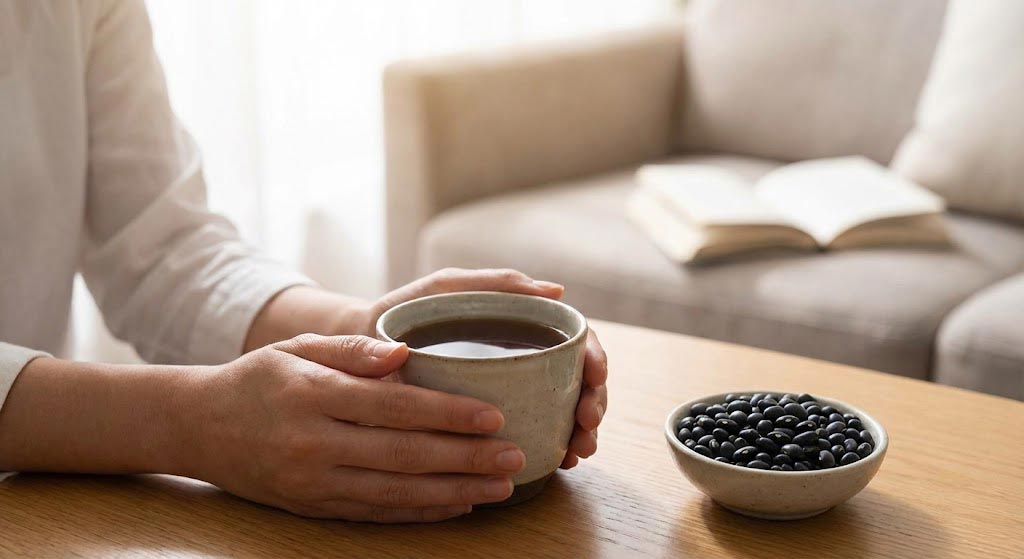 A person enjoying a warm cup of caffeine-free Black Bean Tea for digestive wellness.