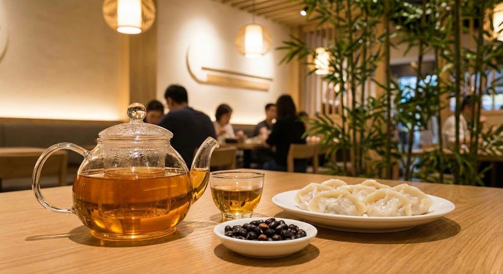 Warm teapot of Rooibos tea served in a modern Chinese restaurant setting with dumplings.