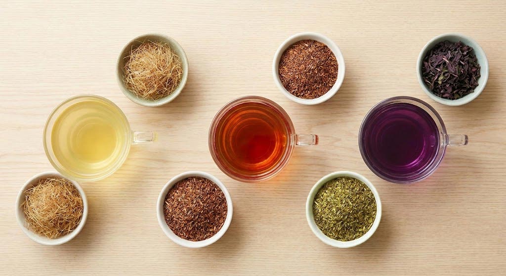 Ingredients for functional teas including Corn Silk, Rooibos, and Perilla leaves.
