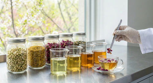 High Tea professional beverage R&D lab scene demonstrating spring floral tea testing with jasmine and rose petals for B2B development.