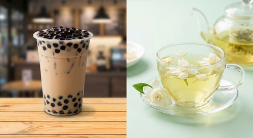 2026 beverage trend comparison: High Sugar Bubble Tea vs Low Sugar High Aroma Gardenia Tea, visualizing the shift to scent-based value.