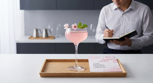 High-end Spring Limited Edition Sakura floral beverage with menu card, showing B2B commercial potential and social currency.